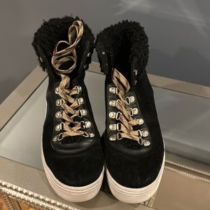 SAM EDELMAN BLACK SUEDE HIGH TOP SNEAKER BOOTIE WITH FAUX SHEARLING TRIM